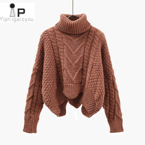 Thickened Sweater Women Autumn Winter Tops Korean Style Loose Twist Knitted Short Design Pullover Turtleneck Black Brown Female