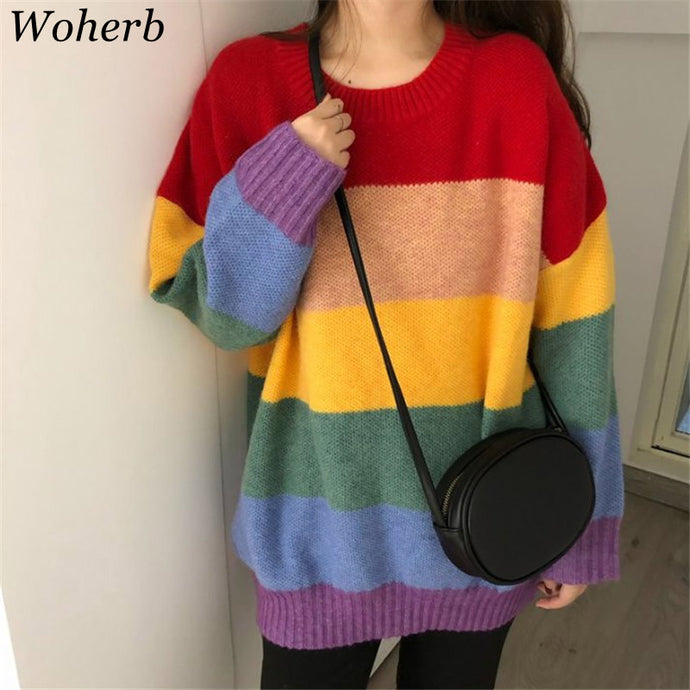 Woherb 2019 Autumn Rainbow Sweater Women Harajuku Jumper Striped Pullovers Oversized Sweaters Korean Vintage Knitwear 20585