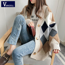 Load image into Gallery viewer, VANGULL Women Sweaters Autumn Winter 2019 fashionable Casual Plaid V-Neck Cardigans Single Breasted Puff Sleeve Loose Sweater