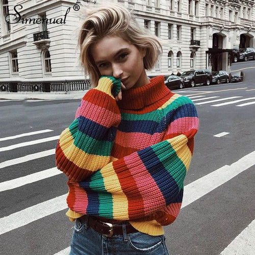 Rainbow Colorful Stripe Sweater Women Casual Sweaters Autumn Fashion Turtleneck Knitwear Loose Pullovers Jumper Pull Femme