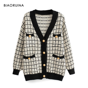 BIAORUINA Women's Fashion V-neck Chic Single Breasted Knit Cardigans Female Thick Keep Warm Swallow Gird Plaid Sweater Outerwear