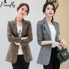 Load image into Gallery viewer, PEONFLY Vintage Office Lady Notched Collar Plaid Women Blazer Single Button Autumn Jacket 2019 Casual Pockets Female Suits Coat