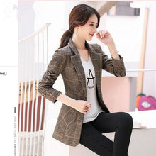 Load image into Gallery viewer, PEONFLY Vintage Office Lady Notched Collar Plaid Women Blazer Single Button Autumn Jacket 2019 Casual Pockets Female Suits Coat