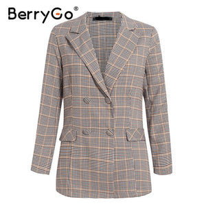 BerryGo Womens business suit plaid pant suits female Office ladies double breasted ladies suits Spring two-piece blazer suit set